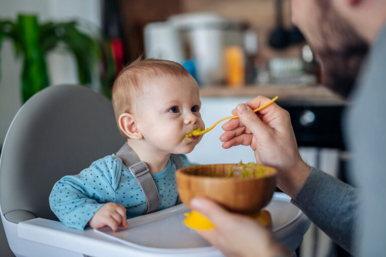 Bebê sentado na cadeirinha recebendo papinha com colher, representando a fase de introdução alimentar e seus impactos no desenvolvimento saudável.